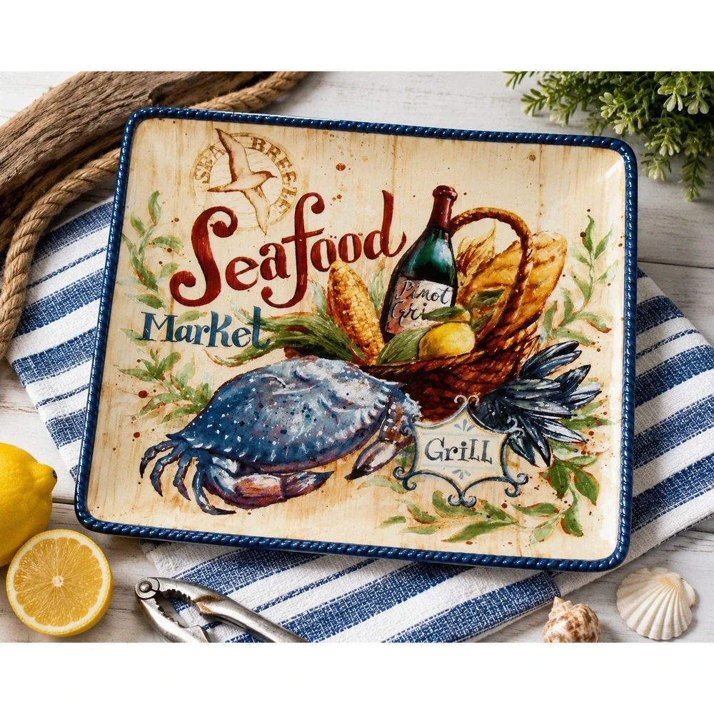 Certified International Geoffrey Allen Seafood Market Grill Crab Coastal Platter